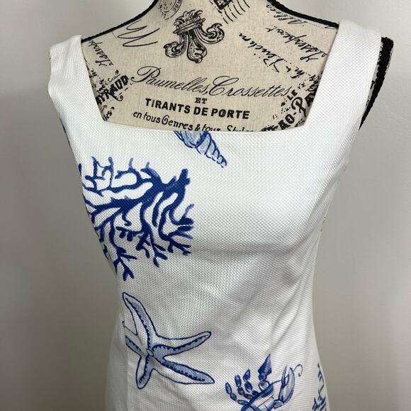 Launch Square neck wide strap white and blue sea themed bodycon mini dress - Picture 4 of 7